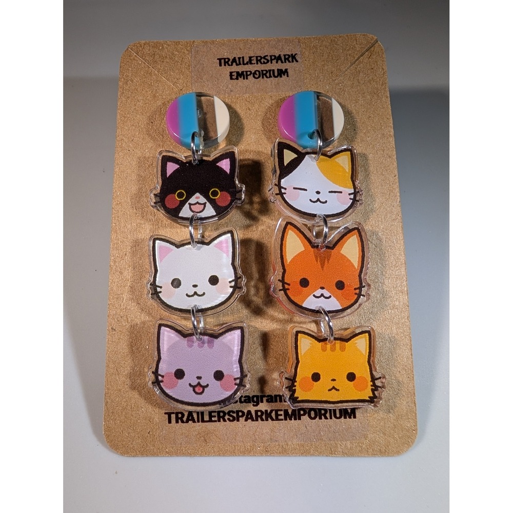 Trailerspark Emporium Kawaii Acrylic Cat Stack Dangle Earrings Multicolored New
